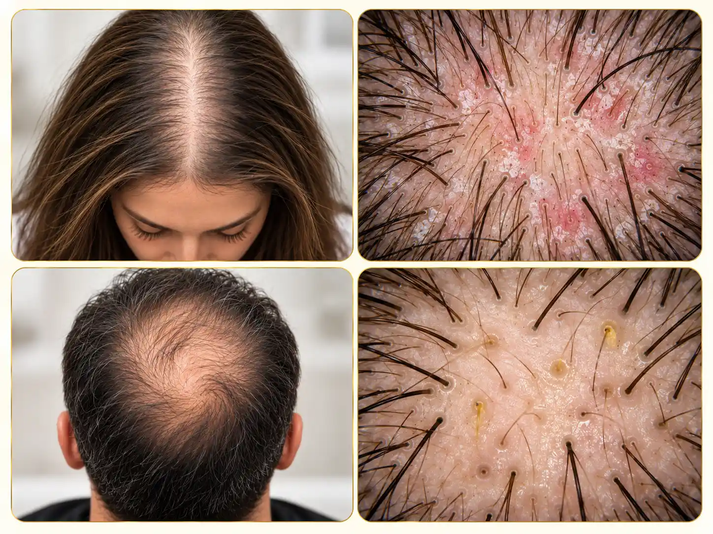 Tricoscopia de afinamento capilar feminino e rarefação masculina com diferentes achados tricoscópicos